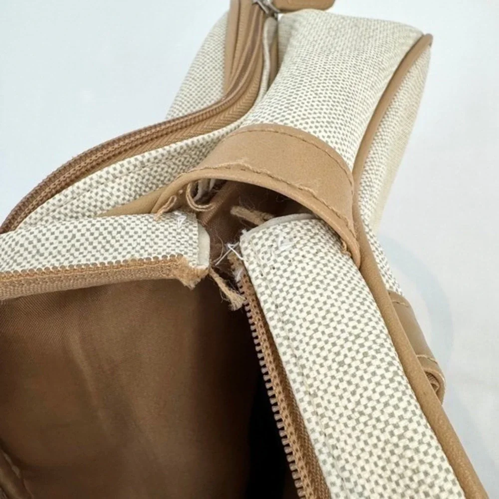 Vintage Faux Canvas Organizer Satchel Bag‎ Tan Cream Multi Pocket Briefcase